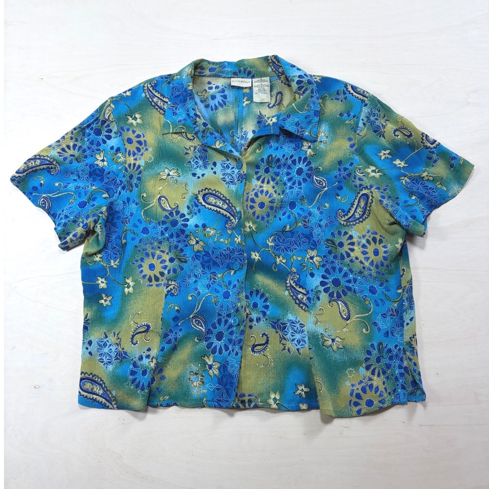 White Stag Womens 18 Teal Blue Olive Green Paisley Rayon Button Up Blouse Top